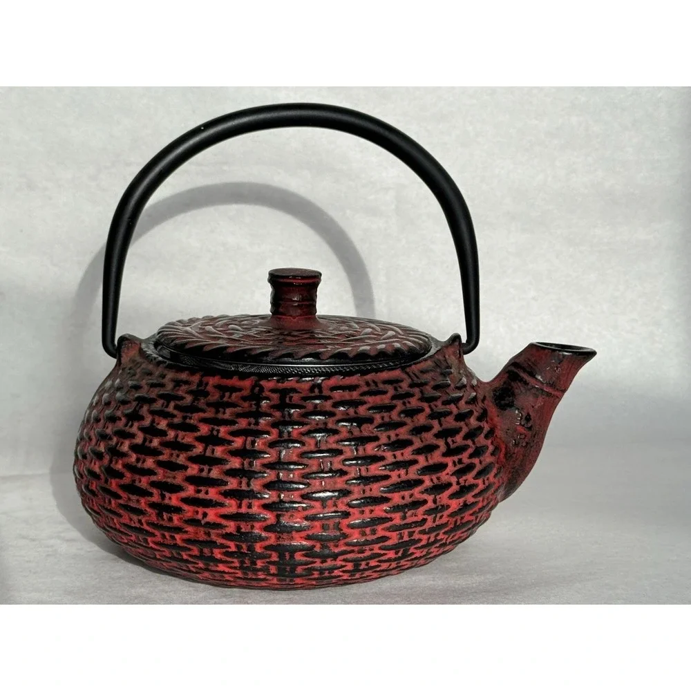 Red Cast Iron Tetsubin Style Teapot Enameled Interior Tea Pot w/ Infuser VTG